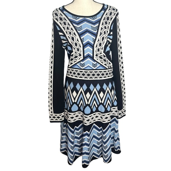 Eliza J Jacquard Flare Sweater Geometric Knit Dress Size Large - Picture 2 of 10